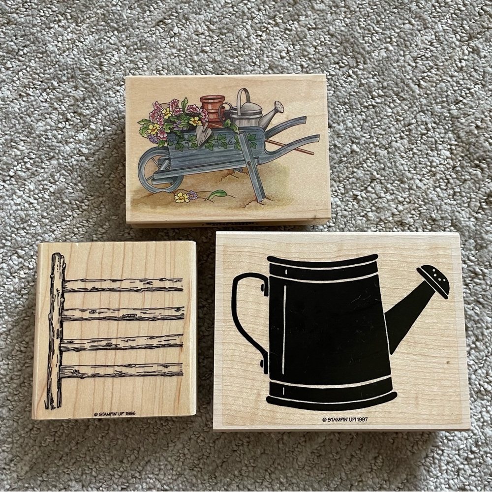 Set of 3 Large Stampin' Up! Garden Themed Wooden Stamps, Fence, Watering Can
